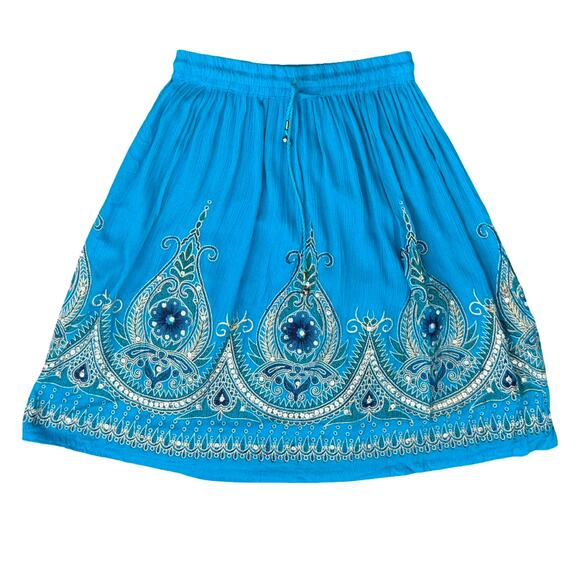 Blue Yellow Boho Bohemian Embroidered Tie Elastic Waist Knee Length Skirt size M - Picture 1 of 7
